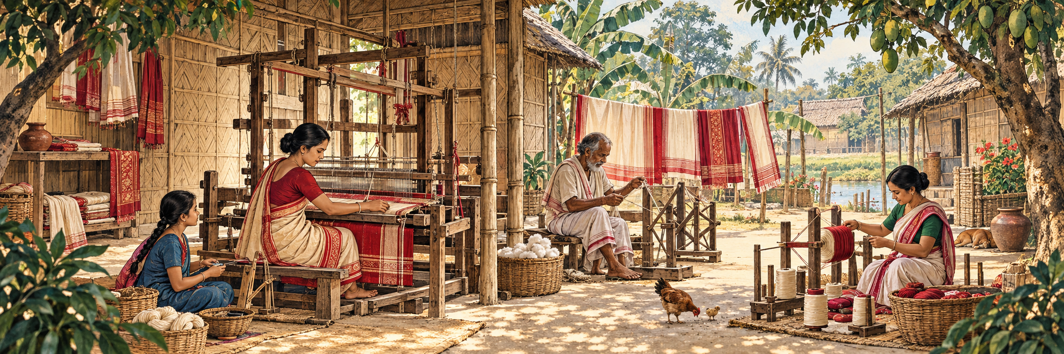 Illustrated village weaving courtyard where artisans work at traditional handlooms